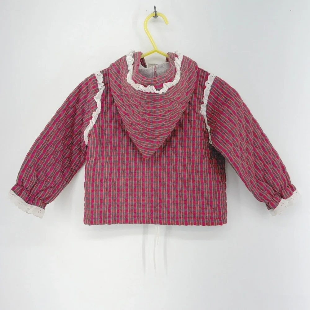 Vintage Doe-Spun Toddler Girls Red Plaid Quilted Hooded Jacket Lace Trim 24M